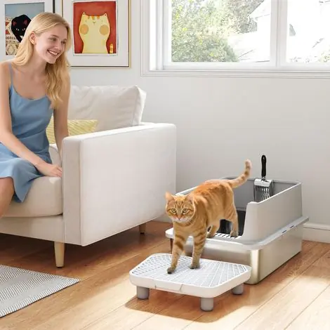 Ajoutez au panier | Bac à Litière XXL Acier Inoxydable, Côtés Hauts Anti-Projections, Pédale & Tapis Tamis, Pelle Incluse, 60,2x40,2x29,6cm, Gris
