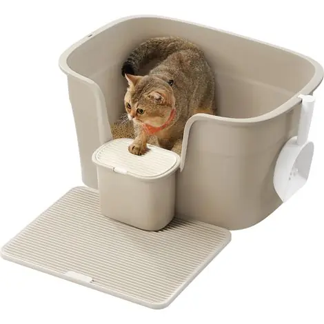 Offre bientôt terminée | Bac à Litière pour Foyers Multi-Chats, Litière Extra Large avec Paroi Latérale, avec Un Tapis de Litière, Boîte de Rangement, Pelle, pour Grand Chat, Beige Cappuccino PPT003K01