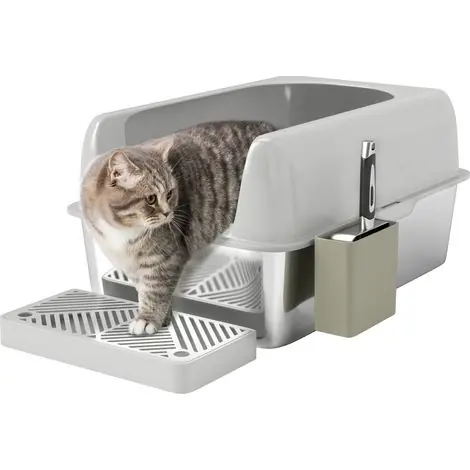 Offre - Bac à litière pour chat en acier inoxydable facile à nettoyer avec bords hauts anti-fuite d‘urine. pelle inclus. gris