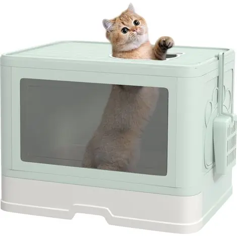 Bac à litière couvert pour chat avec pelle, brosse et 2 portes (entrée principale et sortie supérieure), 48,5 x 38 x 36,5 cm, vert clair - Disponible