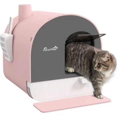 Bac à litière pour chat avec couvercle, pelle à litière, tapis anti-salissures, en plastique, rose et noir - Recommandé