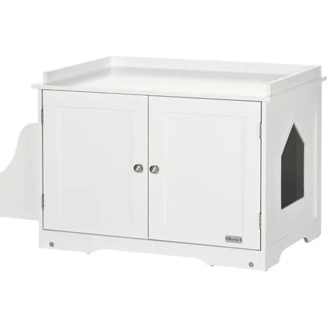 GagaMaison de toilette pour chat design meuble cache litière 2 en 1 table d‘appoint 2 portes avec cloison amovible blanc - Prix exceptionnel