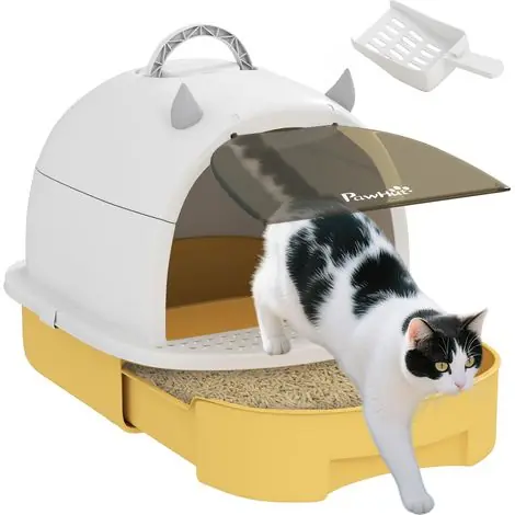 Plébiscité par les clients - Maison de toilette pour chat bac à litière fermé chat poignée de transport porte translucide 40.5 x 52 x 39 cm jaune