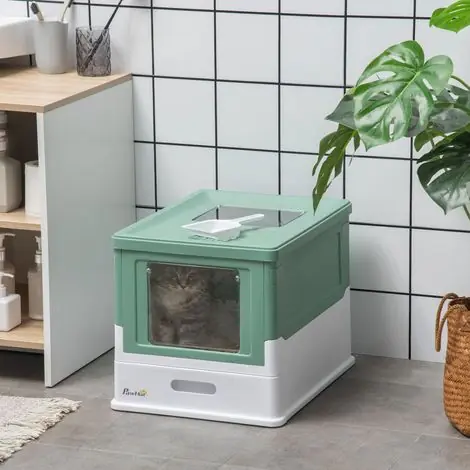 Bac à litière pour chat en polypropylène (PP) fermé, avec pelle incluse, pliable, avec plateau amovible et 2 portes, 47,5 x 35,5 x 36,7 cm, vert - Nouvel arrivage