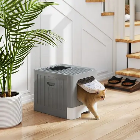 Prix usine - Bac à litière pliable pour chat, taille M, avec couvercle en filet, plateau amovible, pelle, crochet latéral, facile à nettoyer, étanche, gris