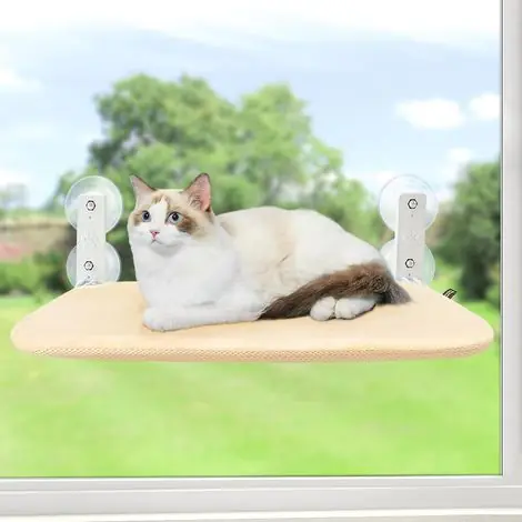 Hamac Chat Fenetre Ventouse Panier Perchoir Suspendu pour Petits Pliable Transat Ttagere Lit Support Fenêtre pour Interieur Grands Chats avec Tapis Réversible Lavable en Machine (Beige,S) | Plébiscité par les clients