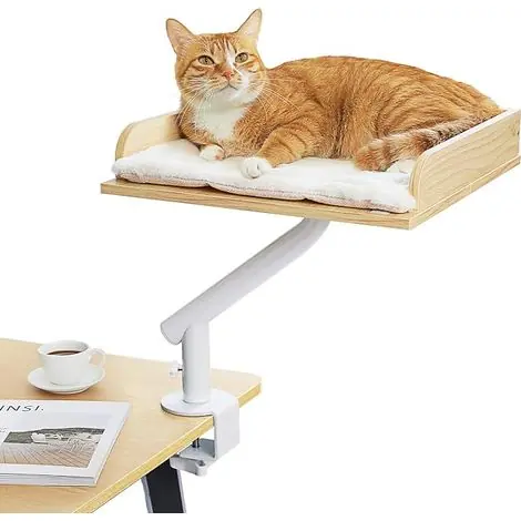 Remise - Lit pour chat de bureau, lit en bois pour intérieur, panier pour chat, pivotant à 360° et réglable en hauteur, hamac pour chat avec griffoir, supporte jusqu’à 23 kg, beige