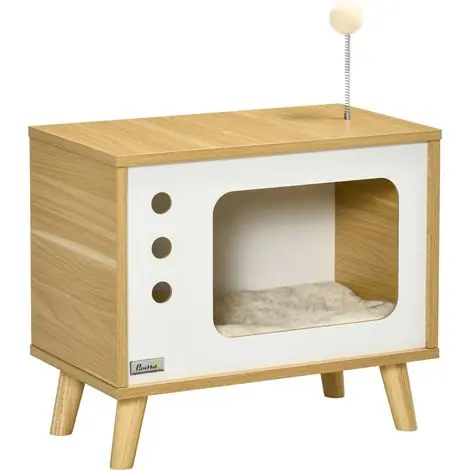 Prix spécial | Maison chat TV avec coussin douillet et balle rebondissante 50 x 28 x 43 cm, niche originale et aire de jeu intérieure