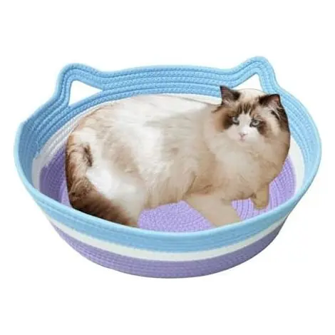 Meilleur prix - Round Cotton Corde Lavable Panier de Chat, Lit pour Chat Tressé Chaud Mignon, Pliable Respirant Lavable, Bleu e Violet, Couleurs Visibles pour Les Chats, 41,5 34,5 11 cm