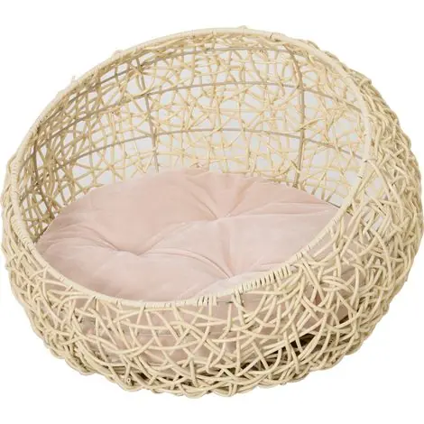 Irovami Lit pour chat en rotin, niche avec coussin, panier pour chat, lit pour chien, couchage pour chat et chien, beige Ø56 x 35 cm - À ne pas manquer