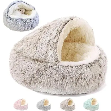Prix en baisse - Lit pour chat semi-fermé en peluche en forme de coquillage, chaud et confortable, pour chats et chiens, toutes saisons, couleur blanc café