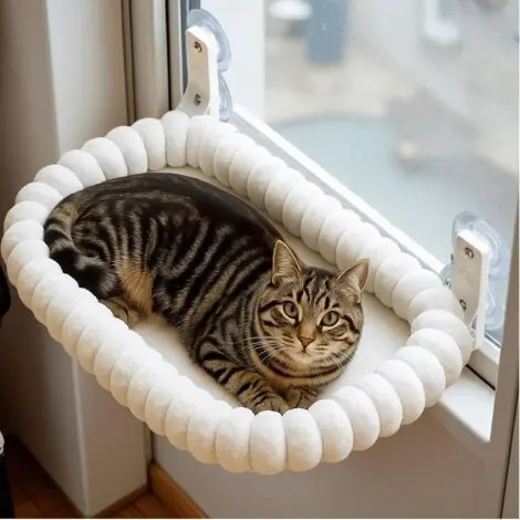 Hamac chat fenêtre avec 4 ventouses – Lit en peluche pliable et réversible – Cadre acier épais – Supporte jusqu‘à 18kg – Dimensions M (52x30cm) – Blanc | Prix réduit