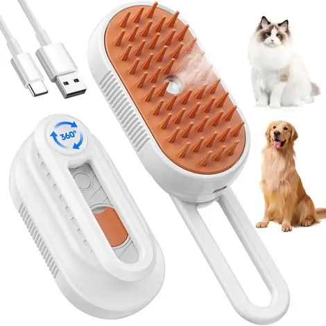 Nouveau chez nous | Brosse vapeur électrique 5-en-1 chiens/chats, rechargeable, réservoir d‘eau, soin pelage, massage, blanc