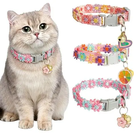 Préféré des clients | 3 Pièces Kit Collier Chat, Broderie Florale Collier pour Chat, Colliers Chaton avec Mignon Pendentif
