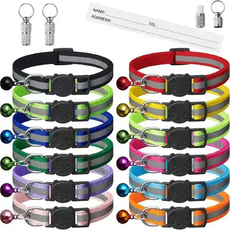 Collier pour chat avec clochette - 12 pièces, colliers réfléchissants de couleurs mélangées pour chats ou petits chiens, nylon souple, tour de cou de 7,8 à 13 pouces | Offre